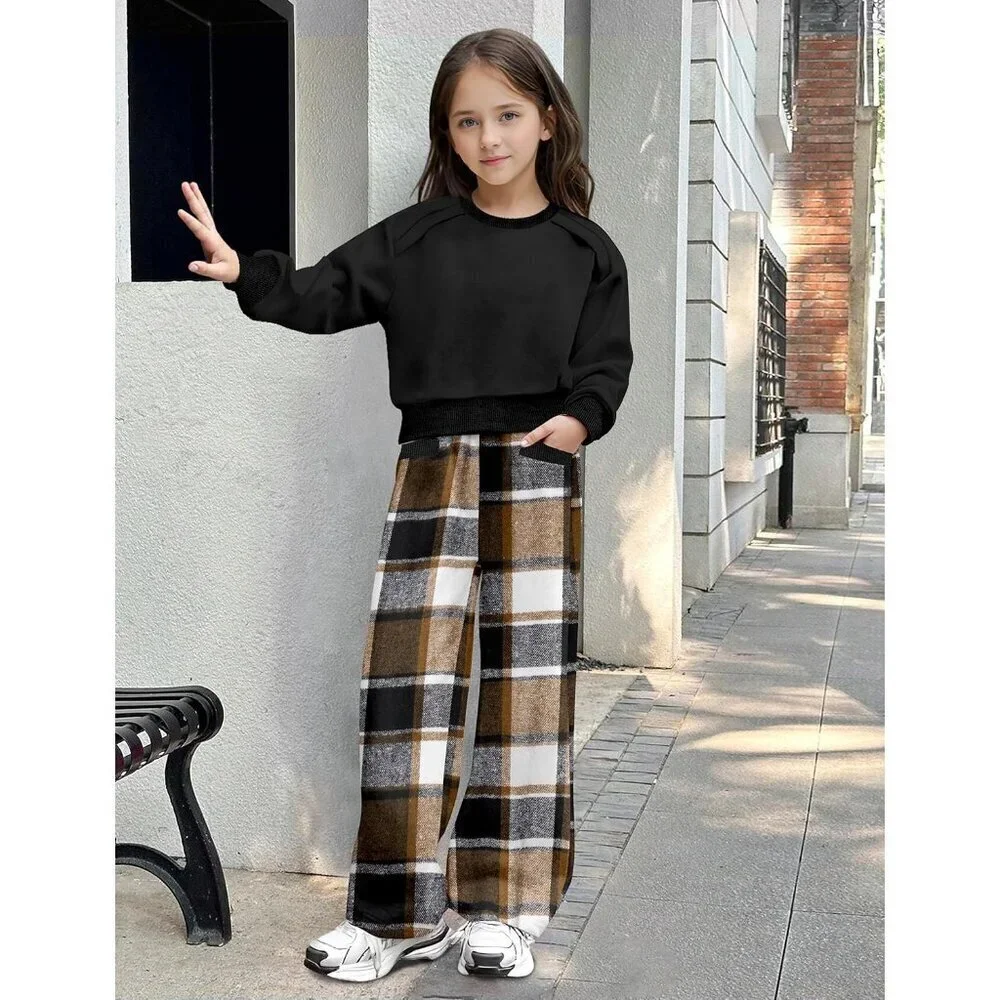 Girl Clothes, 2 Piece Girls Outfits Solid Crop Tops Plaid Wide Leg Pants with Po